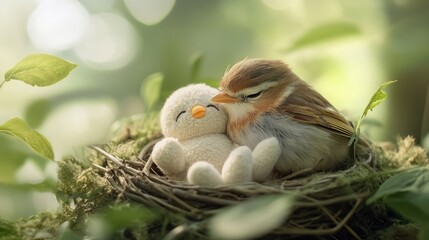 Bird Comforts Stuffed Chick in Nest, Soft Lighting, Peaceful Scene, Close Up.
