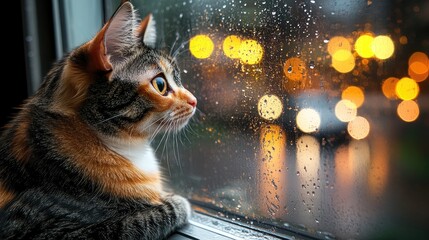 Rainy Night Cat Watching City Lights (1)