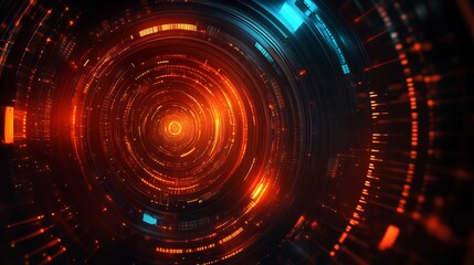 Abstract glowing tunnel with orange and blue lights and circular geometric patterns visible inside