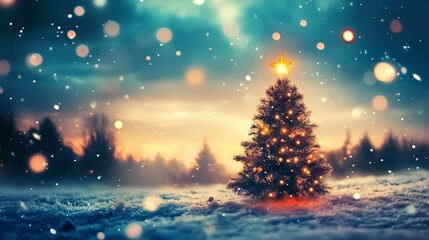 A christmas tree with a star on top in a snowy landscape during a winter season evening scene
