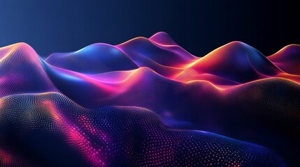 Abstract colorful flowing landscape with glowing dots on dark background design render art