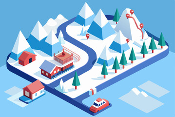A fitting name for this image could be:
House with flags in a mountain town featuring urban and architectural elements in isometric 3D illustration