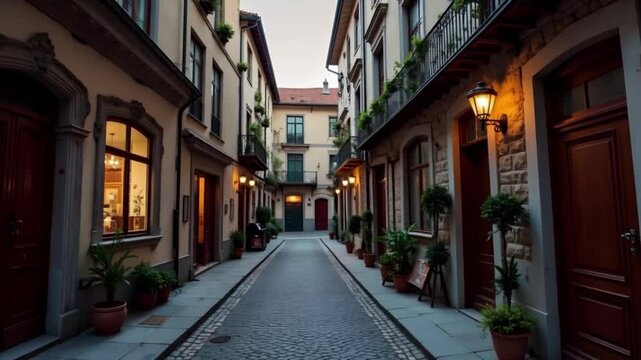 Narrow cobblestone street lined with vintage buildings at dusk  