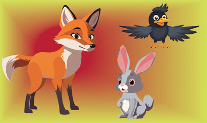 Fototapeta premium Cute Cartoon Fox, rabbit and crow Character Vector Illustration