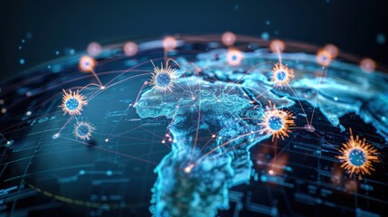 Global virus spread simulation digital world map infographic high-tech network environment aerial view health security awareness