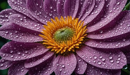 Detailed macro shot of a purple flower covered in dewdrops showcasing its delicate petals and vibrant yellow center highlighting nature's beauty