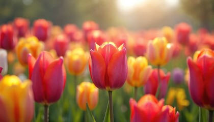 Obraz premium Vibrant field of blooming tulips in spring. Red and yellow flowers with green stems, sunlight flares. Nature background, vibrant colours creates cheerful mood. Springtime, fresh air, joy and growth.