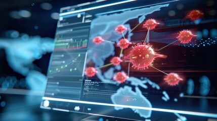 Global virus tracking dashboard digital interface scientific analysis interactive visualization close-up health awareness