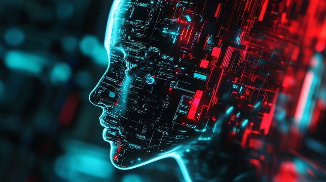 Digital human head profile with red and blue lights illuminating circuit board like patterns on face