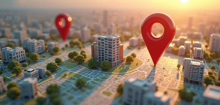 Illustration two red location pins on city map. Signifies navigation, tourism, travel, real estate, gps tracking, route planning, travel app design. Modern tech, location finding, delivery service