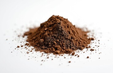 Close-up photo of dry dirt earth on white background. Natural soil texture sand, dust, heap. Macro shot. Brown powder, isolated object. Concept of ingredient, dark, toxic contamination.