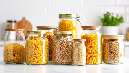 Assortment Of Pasta And Grains In Glass Jars On White Marble Countertop