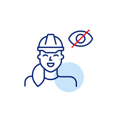 Vector icon of woman wearing hard hat with crossed-out eye, symbolizing restricted access, hidden safety status, or confidential construction info. Ideal for industrial apps, safety platforms, and set