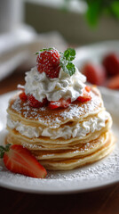 Fluffy pancake stack with whipped cream, fresh strawberry, powdered sugar, and mint leaf white plate, delicious breakfast treat