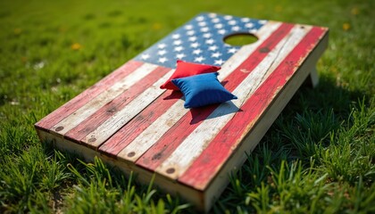 Cornhole game with American flag design. Red and blue bean bags on the wooden board. Green grass background. Summer fun activity, outdoor recreation. Perfect for 4th July celebration, family time.
