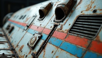 Close-up of spaceship hull weathered metal panels. Blue, red stripes across rusty surface. Grunge texture, futuristic sci-fi design, ideal space travel theme, detail.