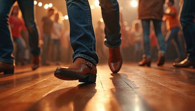 Group line dancers in cowboy boots glide across wooden floor. Dynamic movement captures spirit of country music dance. People enjoy fun, social activity, leisure time, party, celebrate.