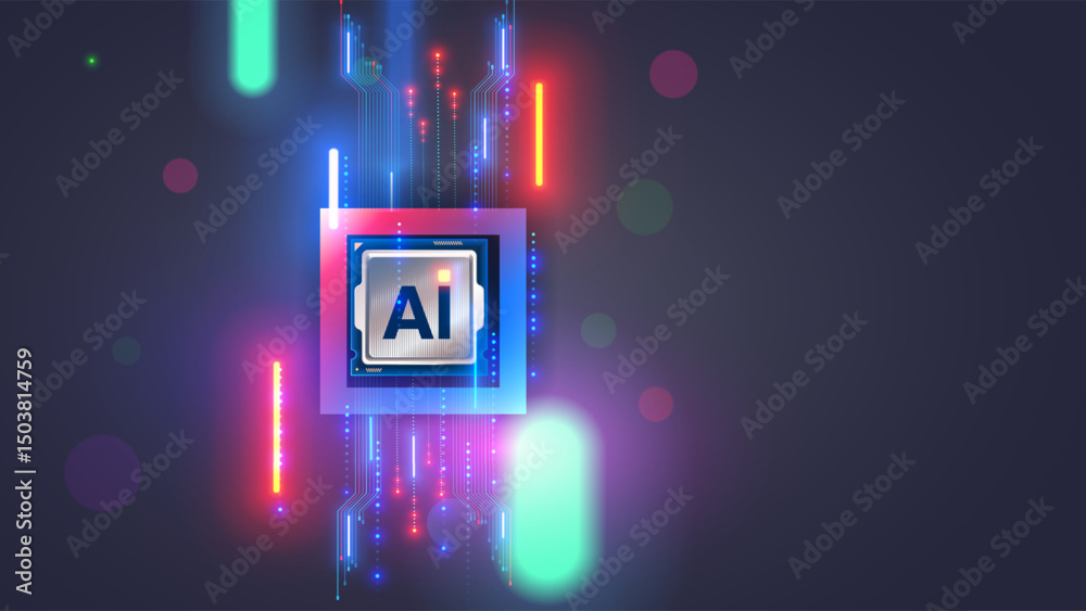Fototapete AI chip wallpaper. Electronic chip or CPU with core AI in neon light with pcb lines. Processor with letters AI front view. Chip for neural networks. Hardware artificial intelligence technology.