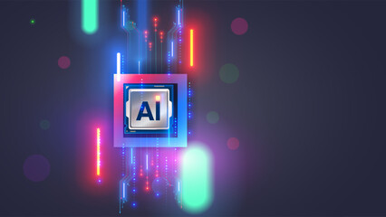 AI chip wallpaper. Electronic chip or CPU with core AI in neon light with pcb lines. Processor with letters AI front view. Chip for neural networks. Hardware artificial intelligence technology.