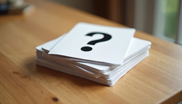 Stack white cards question mark wooden table. Education, business concept. Blank cards for writing, note taking. Problem solving, asking questions, seeking answers. Business, brainstorming, research,
