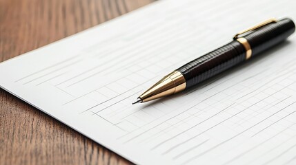 Close up of a black and gold pen resting on lined paper on a wooden surface in a well lit environment