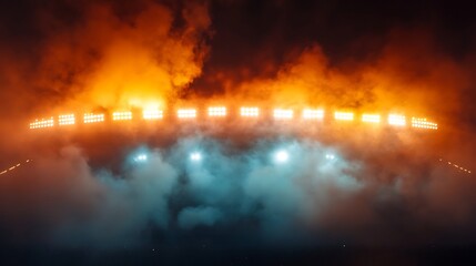 Fototapeta premium Stage lights on a dark blue background with smoke and spotlights.