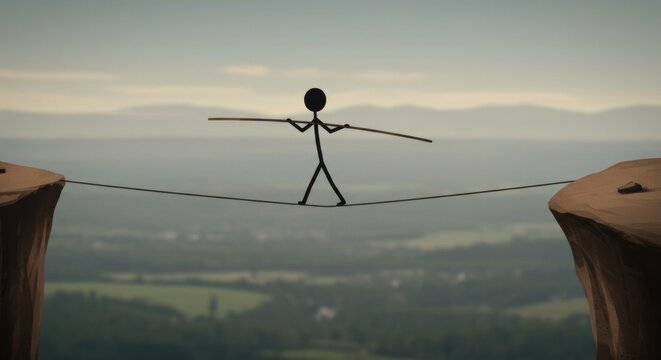 Stick figure balancing on tightrope between cliffs, symbolizing challenge and risk