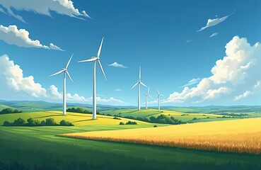 Scenic illustration of rural landscape with wind turbines generating renewable energy. Rich green fields, golden wheat, vibrant blue sky with clouds. Clean energy production. Sustainable development.