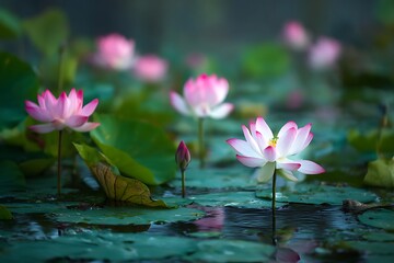 lotus flower plants with green leaves in lake.