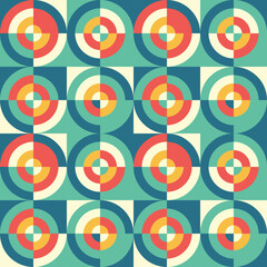Abstract background geometric concept design. Seamless pattern graphic poster. Circles shapes. Retro vintage design style. Yin Yang symbol. Red, blue white colors. Vector illustration.