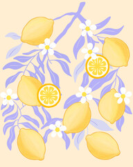 Seamless Lemon and white flower vector illustration with pastel textured background for printable or wrapping. Cute hand draw for wallpaper