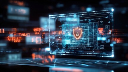 Cybersecurity action digital environment infographic display high-tech setting virtual perspective data protection concept