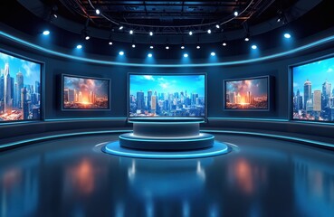 Modern news studio interior with digital screens, anchorman table, neon lighting. Broadcasting background for tv news, weather report, business report, media presentation.