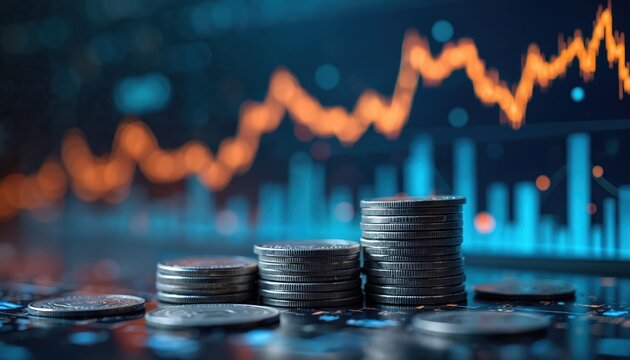 Stacks of coins against financial graph backdrop. Economic trends, financial market analysis concept. Business, finance, investment, stock market data. Trading, cryptocurrency, digital economy