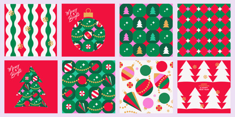 Set of Holiday Xmas seamless pattern with Christmas Tree, toys, snowflakes in trendy geometric style in red, green, pink, gold colors. Christmas design for season greetings, decor, print, promo