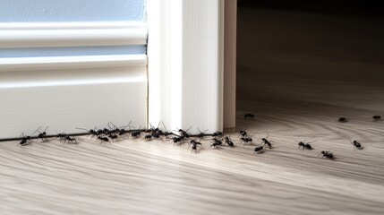 Dark crevice under exterior door frame where ants emerge