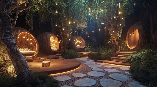 A magical garden with pod like structures and stone path illuminated by hanging string lights at night