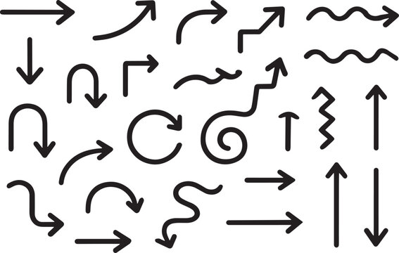 
Crayon arrow sketches collection - hand drawn doodle style pointers, curved lines, round swirls. Chaotic scribbling, artistic design elements set. Black grunge brush strokes isolated on white bg.