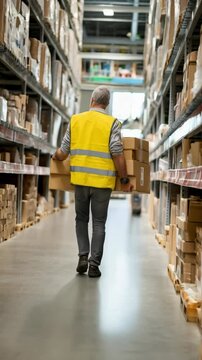 Man in safety vest carrying cardboard boxes in distribution warehouse with rows of inventory and racking systems