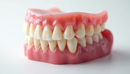 Obraz premium Isolated full dentures. Complete dental model set with teeth gums bone elements. Artificial dentures with teeth on white background. Dental health care concept. Prosthesis teeth, fake smile.