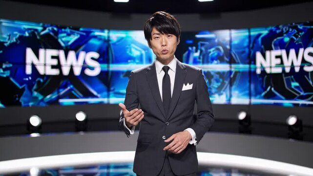 A news anchor in a suit delivers a broadcast in a modern studio. The video is shot from a frontal angle, emphasizing a professional, informative style.
