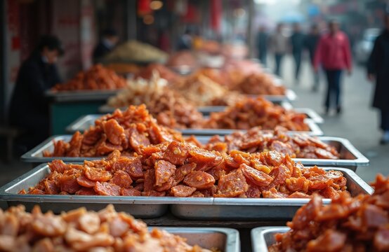 Street market in Heihe China, displays dried meat products. Food sale on the street. Chinese traditional cuisine, food market. Variety of dried meat snacks, shop local food.