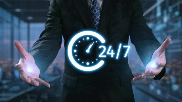 A business professional illustrates the concept of round-the-clock service with glowing clock symbols and communication icons in a contemporary office setting. Qubit