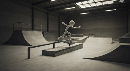 A solitary skateboarder performing a trick in a deserted indoor skatepark setting