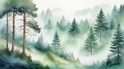 Watercolor of tranquil foggy forest landscape with mist, green foliage and pine trees in early morning.