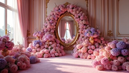 Luxurious interior with elegant floral arrangement. Lavish pink and purple flowers decorate ornate decor. Bouquet of roses peonies and hydrangeas, soft sunlight, dreamy pastel shades.