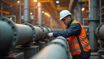 Male worker inspects steel pipes in industrial oil refinery. Engineer in safety helmet, glasses checks pipeline. Technician in orange vest with reflective stripes controls pressure system, ensuring