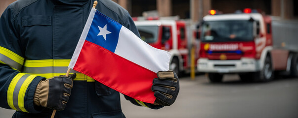 A firefighter holding the flag of Chile in front of fire trucks. The image honors and shows support