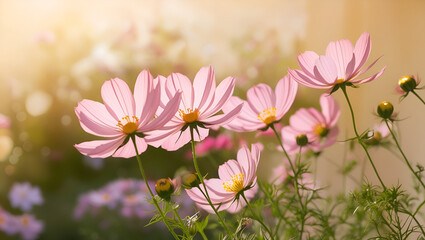 Obraz premium Blooming pink cosmos flowers glowing in warm sunlight, summer garden scene with gentle blur and natural ambiance