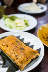 Steamed fish curry custard in banana leaf. Thai called Hor mok